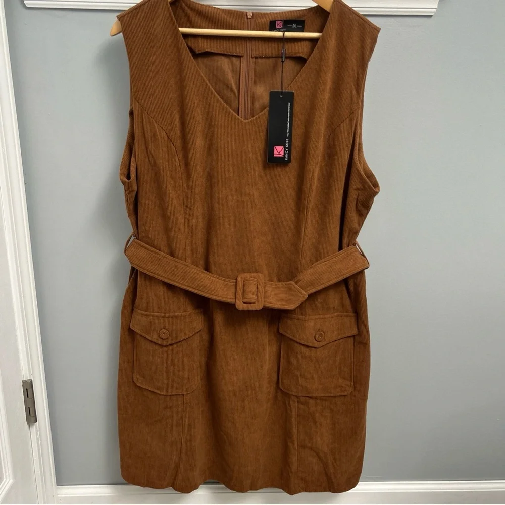 NWT Kancy Kole Brown Corduroy Pinafore Dress with Belt & Pockets - Picture 2 of 14